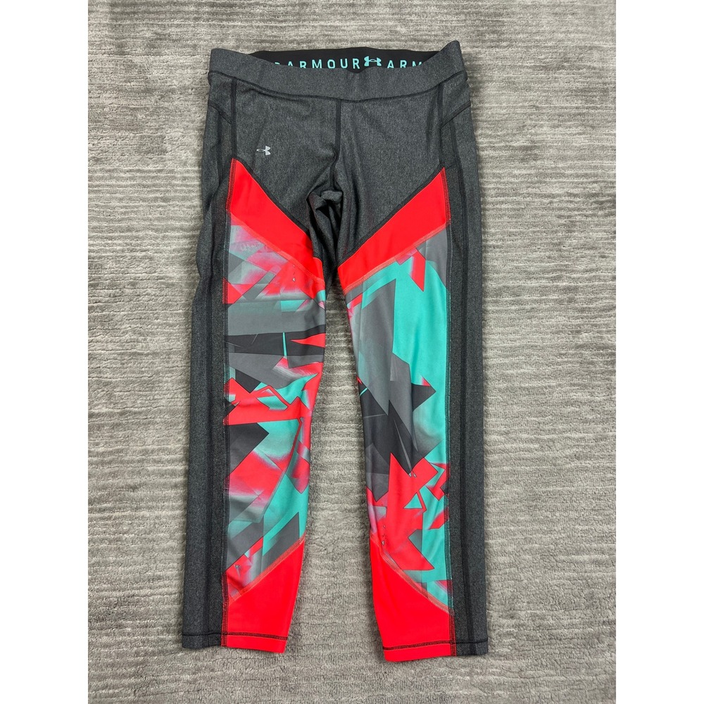 Under Armour Leggings Womens Large Gray Red HeatGear Compression Capri Geometric